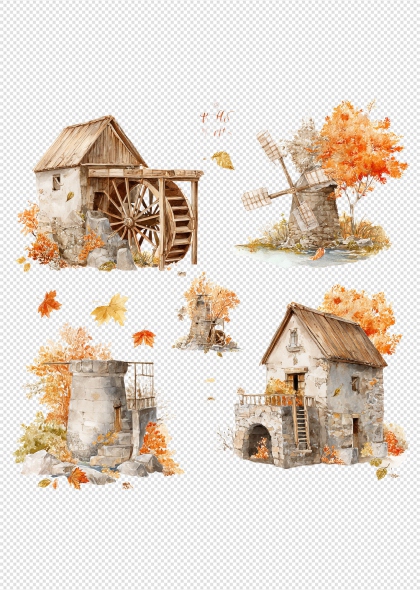 秋季乡村风景免抠插画元素集古朴建筑与落叶装饰