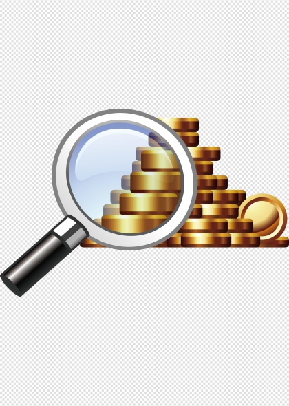 放大镜与金币堆叠金融理财图标免抠插画元素设计
