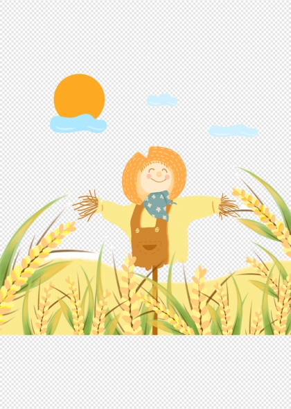 秋天稻草人田野丰收场景插画免抠背景元素