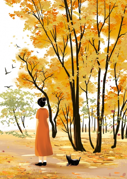 秋日森林女孩与猫咪自然风景插画背景元素