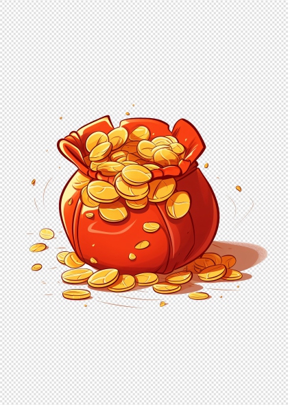 福袋金币卡通插画红色福袋满载金币PNG免抠装饰元素