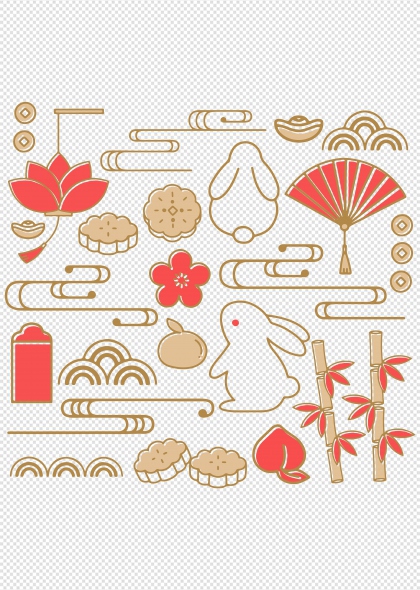 中秋主題紅色金邊月餅兔子竹子免摳插畫元素集