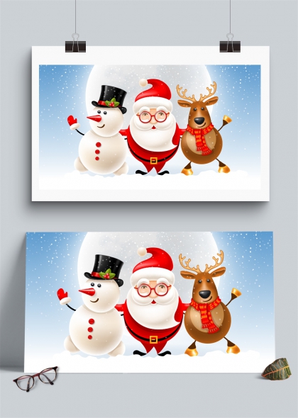 圣诞老人雪人驯鹿雪夜合影插画