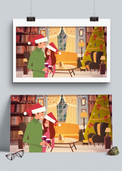 情侣举杯共庆圣诞温馨室内插画