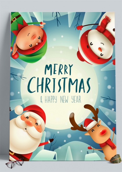 圣诞老人雪人驯鹿精灵欢乐贺卡插画背景