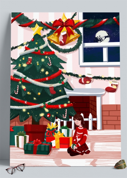 小女孩圣诞树下拆礼物插画背景