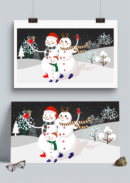 雪人一家温馨圣诞夜插画背景
