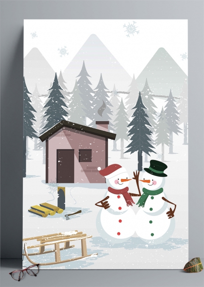雪地木屋双雪人圣诞插画背景
