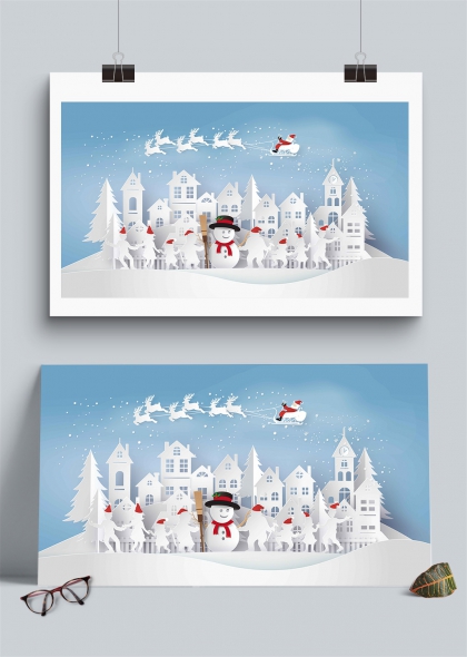 圣诞老人驾鹿飞越雪镇插画背景