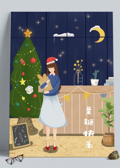 戴圣诞帽的女孩抱面包节日插画背景