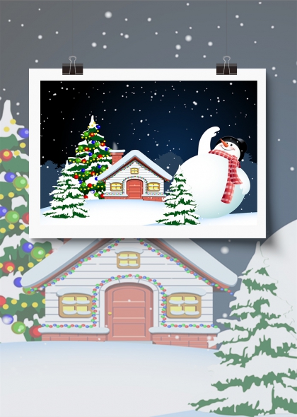 雪夜圣诞屋与雪人圣诞节插画背景