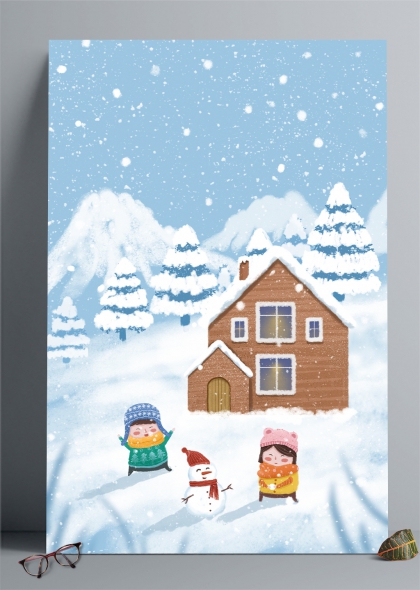 雪中嬉戏的两个孩子与雪人圣诞节插画背景