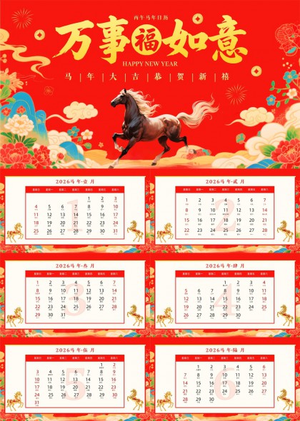 2026马年日历万事如意PPT模板