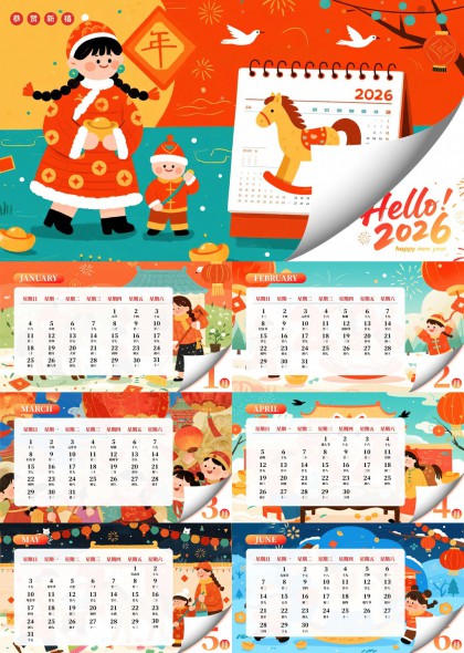 2026年春节卡通日历插画PPT模板