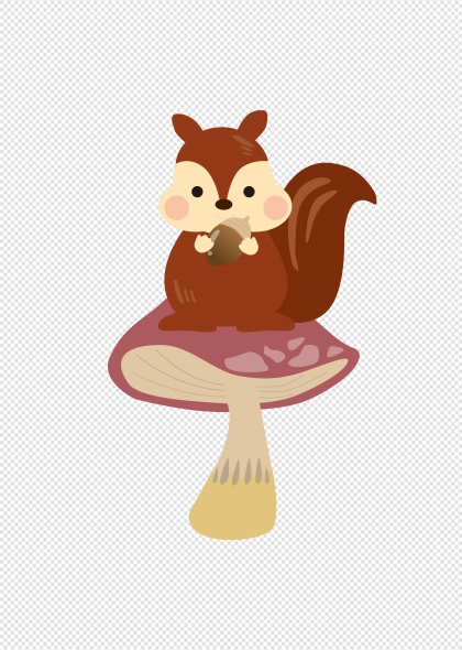 可爱松鼠坐在蘑菇上卡通插画