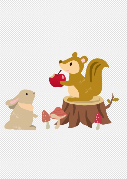 卡通松鼠手捧红苹果树桩旁兔子与蘑菇森林场景免抠插画