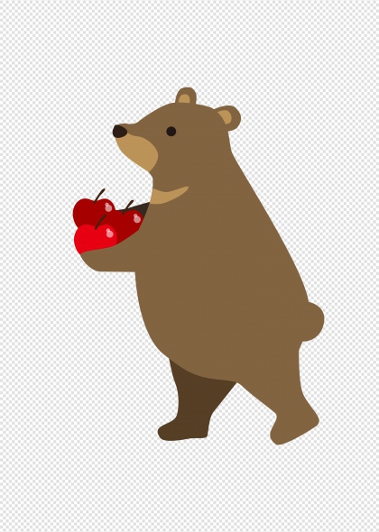 棕色卡通熊手捧红苹果免抠插画元素