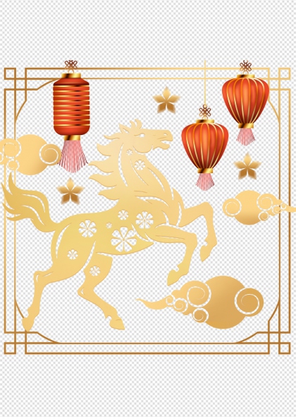 金色骏马灯笼云纹免抠透明背景元素