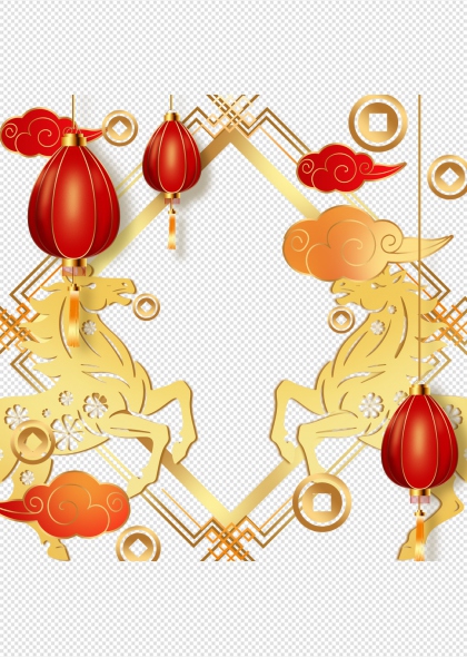 中国风祥瑞金马红灯笼马年透明背景元素