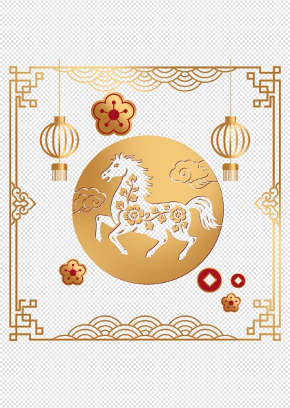 金色骏马祥云灯笼马年免抠透明背景元素