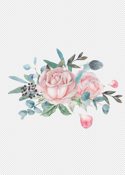 粉色水彩玫瑰花叶免抠边框元素