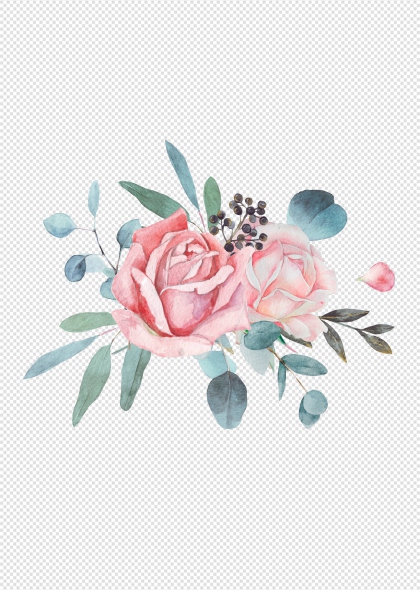 粉色水彩玫瑰花叶花朵边框