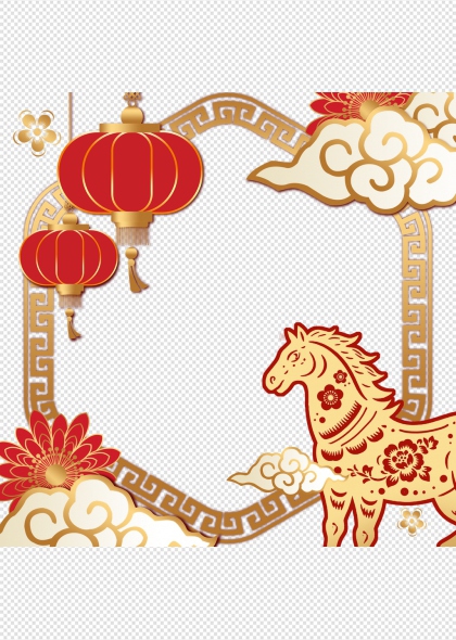 春节马年红灯笼祥云边框透明元素