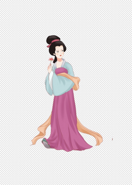 唐代仕女手持花朵古装人物免抠插画元素