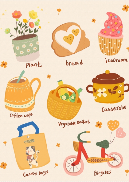 手绘温馨生活场景插画含面包冰淇淋咖啡杯帆布包自行车元素