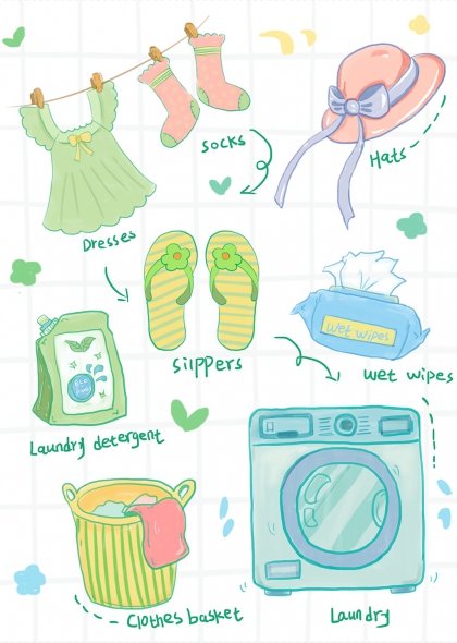 手绘洗衣场景元素含洗衣机晾衣架拖鞋湿巾洗衣液收纳篮帽子