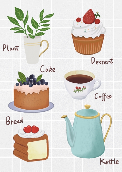 手绘下午茶甜点咖啡杯壶绿植插画元素