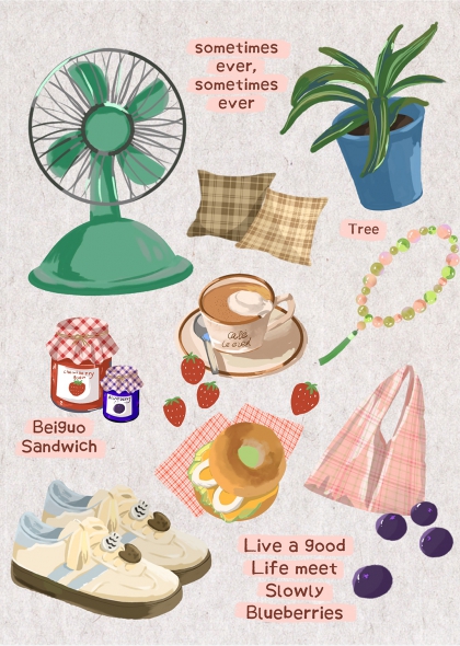 绿色电风扇格子抱枕蓝莓果酱咖啡杯插画元素