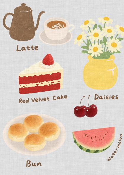 手绘下午茶组合红丝绒蛋糕咖啡樱桃西瓜雏菊插画元素