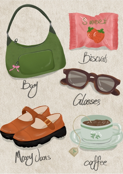 绿色单肩包草莓饼干墨镜玛丽珍鞋咖啡杯插画元素