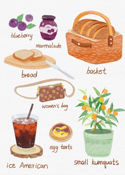 蓝莓果酱面包篮子野餐元素搭配冰美式蛋挞小金桔盆栽插画