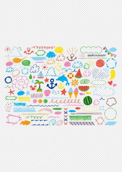 蜡笔手绘涂鸦海豚帆船云朵浪花等元素