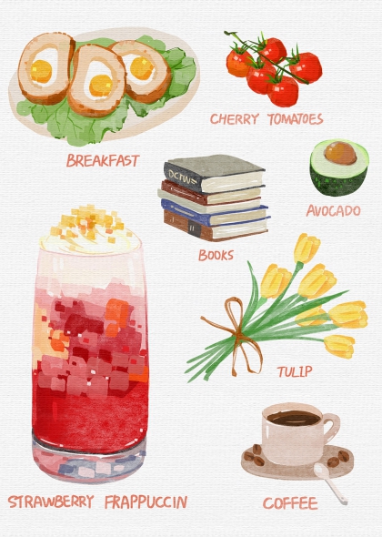 早餐水煮蛋樱桃番茄牛油果书籍郁金香草莓冰沙咖啡插画元素