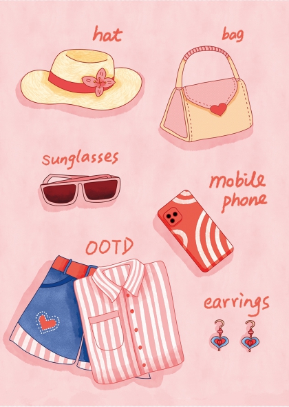 草帽墨镜手机耳环包包粉色系少女穿搭搭配元素
