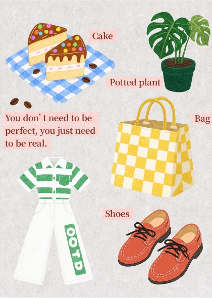 蛋糕盆栽购物袋条纹衬衫红鞋OOTD生活场景插画元素