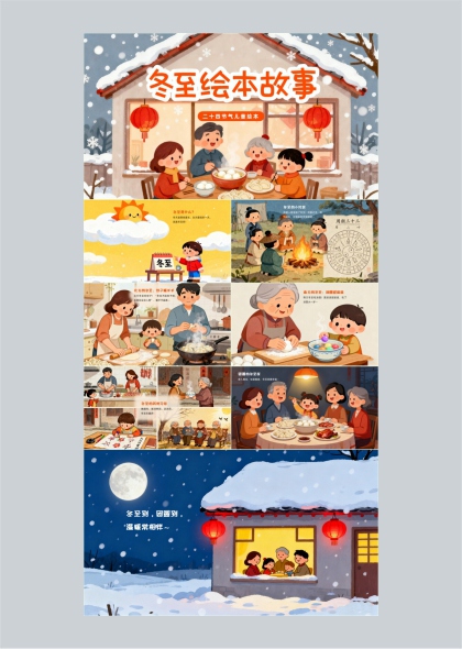 冬至节气儿童绘本故事插画全家团圆温馨场景PPT模板