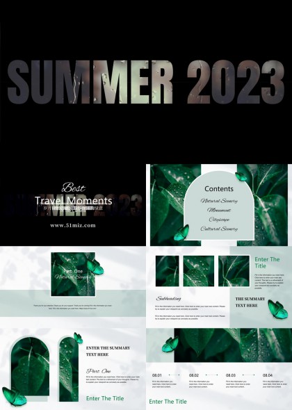 绿色植物蝴蝶装饰夏日旅行主题PPT模板