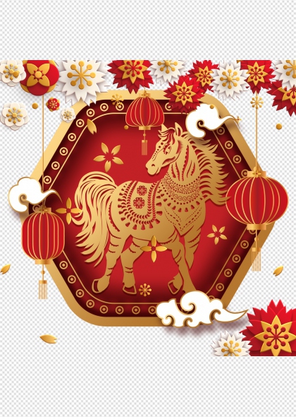 2026马年红色金边生肖马免抠插画装饰元素