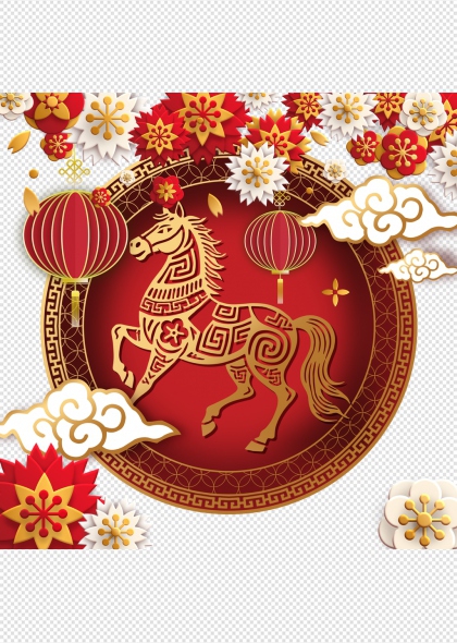 2026马年红色圆形金边骏马灯笼祥云装饰插画