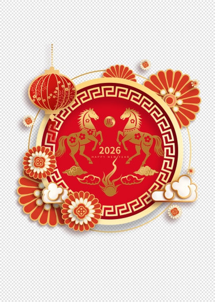 2026马年红色圆形装饰免抠插画含灯笼祥云牡丹