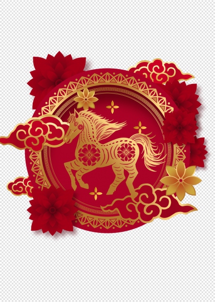 2026马年红色金边祥云骏马免抠插画元素