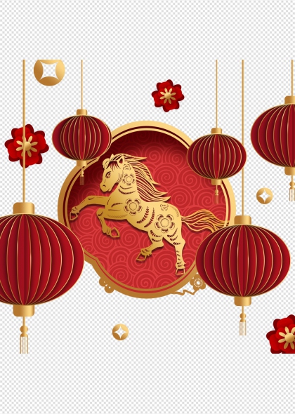 2026马年红色灯笼金色骏马免抠插画