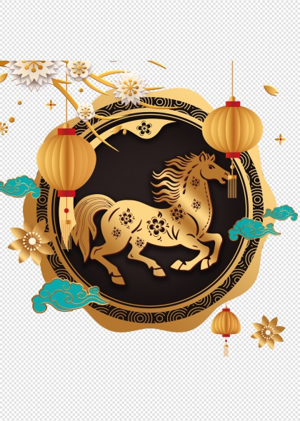 2026马年金色祥云灯笼圆形装饰免抠插画