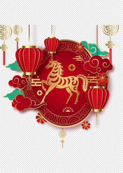 红色金边马年灯笼云纹免抠插画
