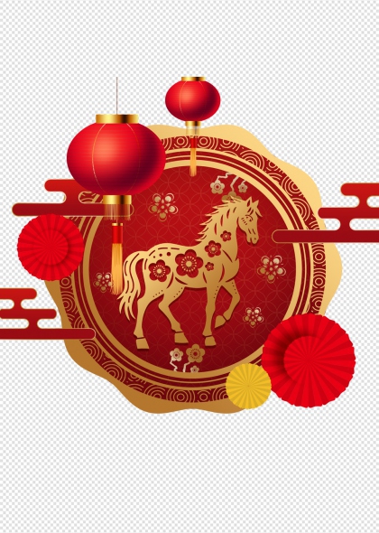 2026马年红色灯笼金边马纹免抠装饰插画