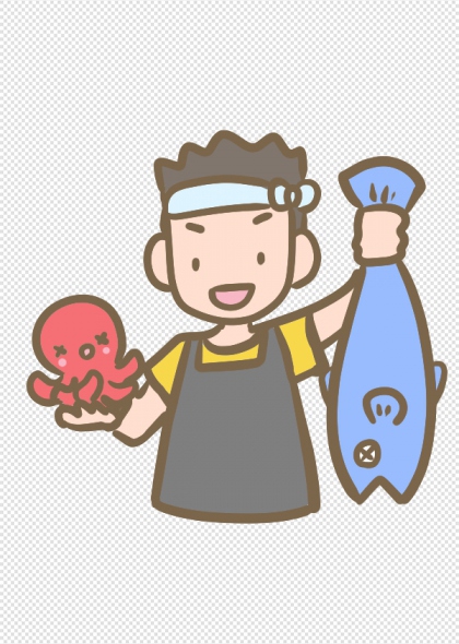 手绘渔夫举章鱼抱鱼免抠插画元素